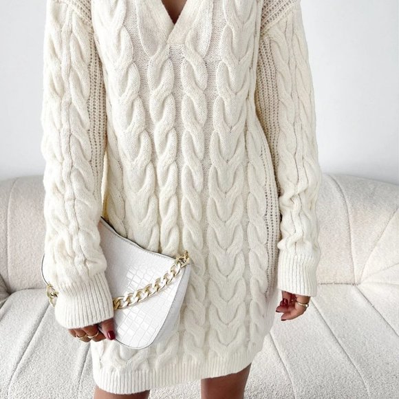 Beige Preppy Womens Cable Knit Drop Shoulder Sweater Dress - Picture 4 of 4